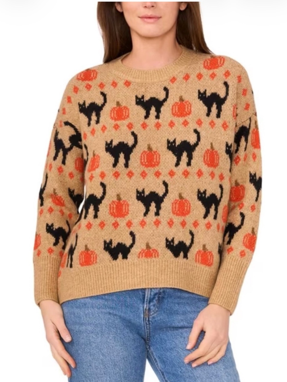 Vince Camuto Crewneck Sweater with Black Cat & Orange Pumpkin Motif